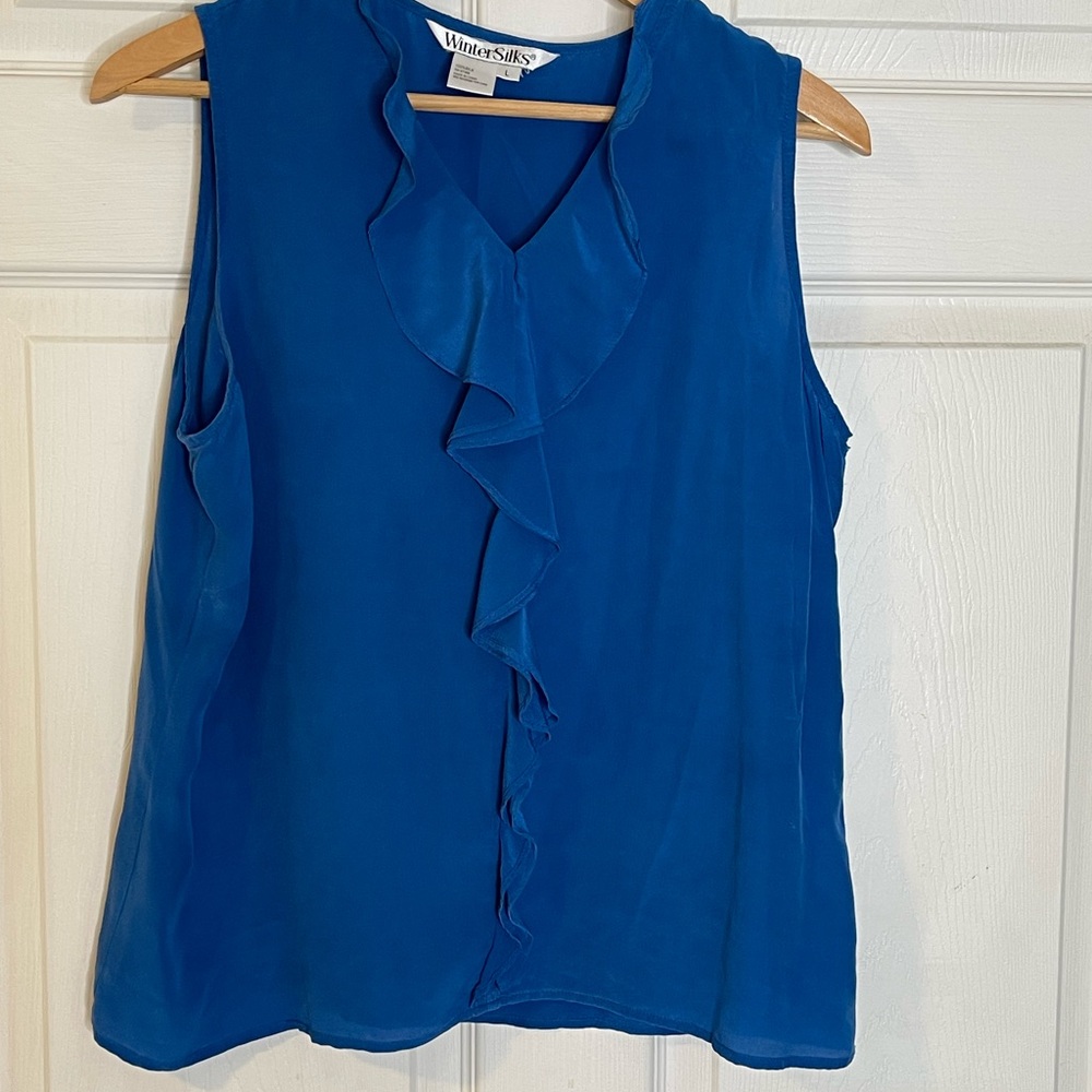 WinterSilks 100% silk Vibrant Blue Ruffle Sleeveless blouse.
